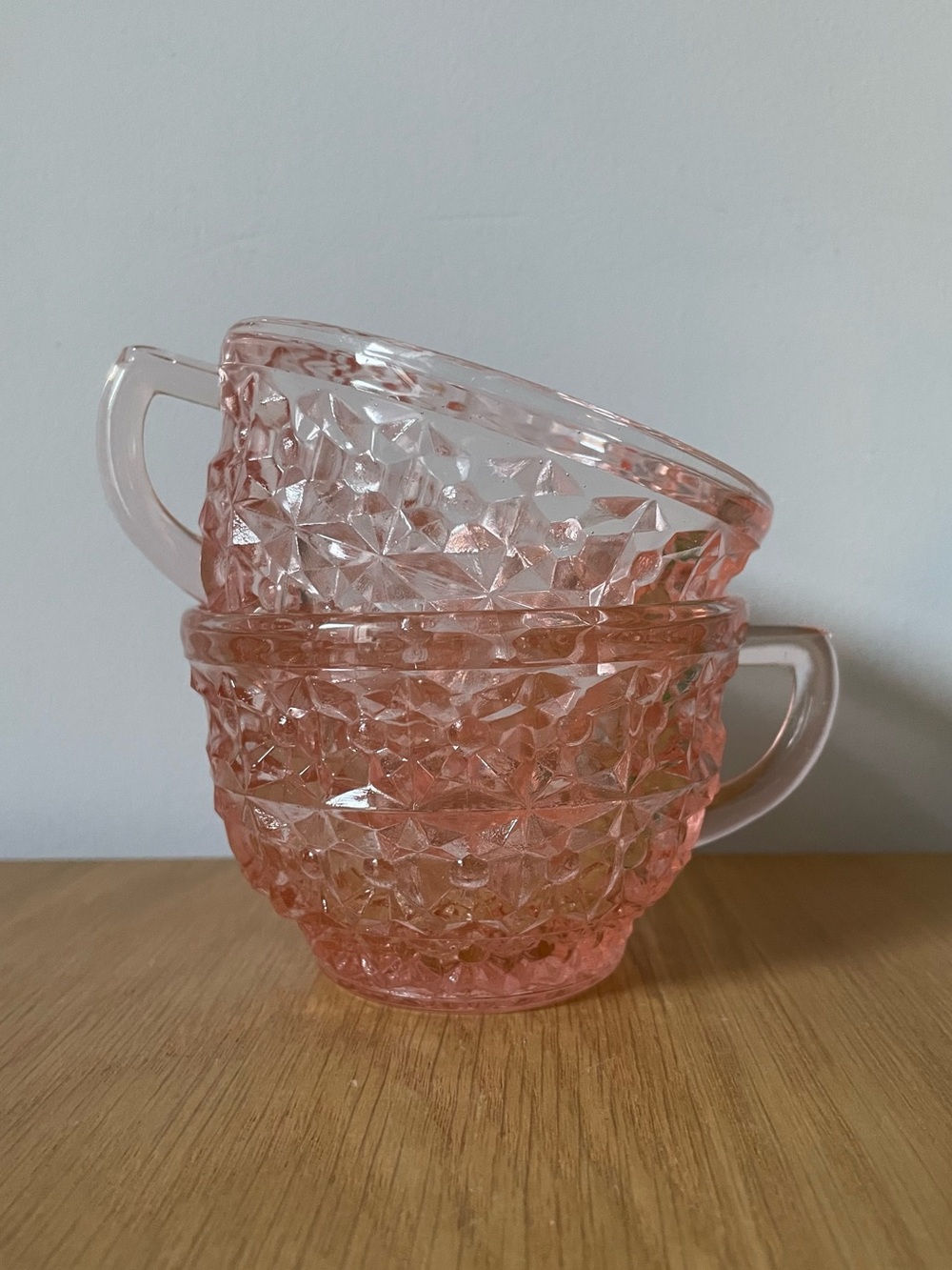 Vintage Jeannette Depression Glass Pink Holiday Buttons & Bows Coffee Tea Cups